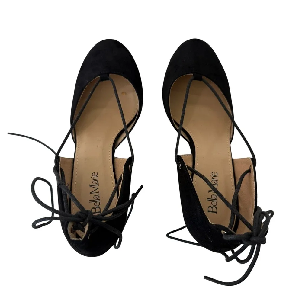 Bella Marie Black Suede Lace Up Wedge Heels Women's Dress‎ Shoes 7.5 #S-2